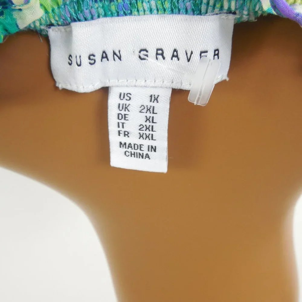 SUSAN GRAVER Top 1X Floral Blouse Stretch Green/Blue Print Chiffon Flared Sleeve - Picture 11 of 13